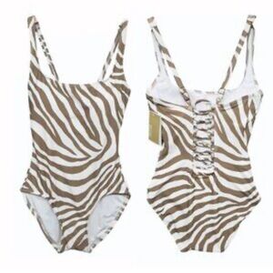 Michael Kors Asymmetrical One Piece Swimwear White/Tan, Size 6 Bathing Suit